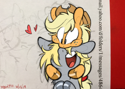 Size: 900x643 | Tagged: safe, artist:powerjam, applejack, derpy hooves, earth pony, pegasus, pony, derpyjack, female, flying, heart, hug, lesbian, mare, neck nuzzle, nuzzling, shipping