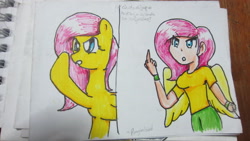 Size: 4000x2248 | Tagged: safe, artist:dragonizard, fluttershy, human, putting your hoof down, humanized, middle finger, solo, spanish, traditional art, vulgar, winged humanization