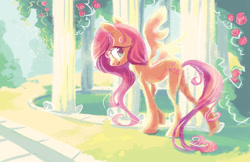 Size: 1024x663 | Tagged: safe, artist:bedupolker, fluttershy, pegasus, pony, bright, looking at you, looking back, pretty, skinny, solo, spread wings, walking