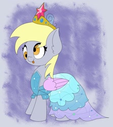 Size: 2000x2250 | Tagged: safe, alternate version, artist:mrneo, derpy hooves, pegasus, pony, canterlot boutique, :p, big crown thingy, blue background, clothes, cute, derpabetes, dress, ear fluff, element of magic, fake wings, female, high res, jewelry, mare, princess derpy, princess dress, regalia, simple background, solo, tongue out