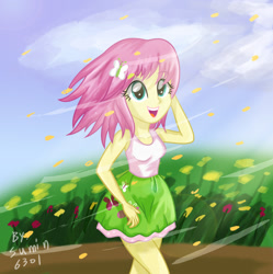 Size: 1500x1508 | Tagged: safe, artist:sumin6301, fluttershy, equestria girls, alternate hairstyle, clothes, short hair, skirt, solo, tanktop, wind