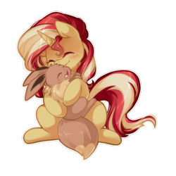 Size: 700x700 | Tagged: safe, artist:loyaldis, sunset shimmer, pony, unicorn, blushing, crossover, cute, duo, eevee, female, mare, pokémon, shimmerbetes, simple background, transparent background