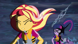 Size: 1920x1080 | Tagged: safe, screencap, sci-twi, sunset shimmer, twilight sparkle, better together, equestria girls, spring breakdown, eyes closed, female, lifejacket, lightning, majestic, ponytail