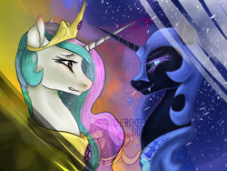 Size: 1600x1200 | Tagged: safe, artist:forgotrustproxy, nightmare moon, princess celestia, alicorn, pony, bust, fangs, looking at each other, portrait, watermark