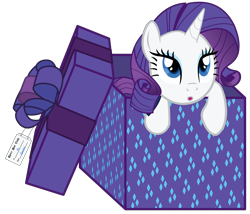 Size: 7764x6655 | Tagged: safe, artist:justisanimation, part of a set, rarity, pony, unicorn, 2017, absurd resolution, box, cute, looking up, new year, open mouth, pony in a box, present, simple background, solo, transparent background