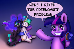 Size: 1600x1066 | Tagged: safe, artist:xbi, nightmare moon, princess celestia, twilight sparkle, alicorn, pony, cute, dialogue, duct tape, everything is fixed, female, frown, grin, hoof hold, looking at you, mare, open mouth, pointing, sitting, smiling, squee, tabun art-battle finished after, tape, twiabetes, unamused, underhoof