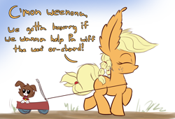 Size: 1100x750 | Tagged: safe, artist:heir-of-rick, applejack, winona, earth pony, pony, :o, alternate hairstyle, cute, eyes closed, filly, fluffy, impossibly large ears, jackabetes, pigtails, puppy, wagon, walking