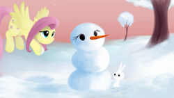 Size: 1920x1080 | Tagged: safe, artist:fladdrarblyg, angel bunny, fluttershy, pegasus, pony, floating, snow, snowman, spread wings, tree, winter