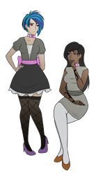 Size: 1061x1920 | Tagged: safe, artist:emberfan11, artist:flipwix, dj pon-3, octavia melody, vinyl scratch, human, vampire, alternate universe, amused, bowtie, clothes, clothes swap, colored, crossed legs, dark skin, dress, ear piercing, earring, female, fishnets, hand on hip, high heels, humanized, jewelry, lesbian, nail polish, octavia is amused, open mouth, pantyhose, piercing, raised eyebrow, scratchtavia, shipping, shoes, simple background, skirt, stockings, tattoo, thigh highs, transparent background, unamused, vinyl is not amused