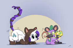 Size: 3600x2400 | Tagged: safe, artist:docwario, rarity, spike, cat, dragon, mouse, pony, unicorn, animal costume, cat costume, cheese, clothes, costume, cute, duo, food, gem, imminent pounce, looking back, mouse costume, raribetes, raricat, roleplaying, spikabetes