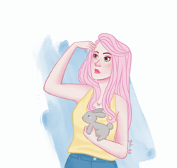 Size: 2480x2362 | Tagged: safe, artist:malubd, fluttershy, human, rabbit, clothes, freckles, humanized, solo, tanktop