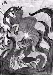 Size: 1651x2324 | Tagged: safe, artist:rossmaniteanzu, king sombra, princess celestia, alicorn, pony, unicorn, black and white, duo, grayscale, monochrome