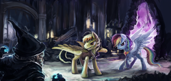 Size: 4306x2049 | Tagged: safe, artist:r0b0tassassin, derpibooru import, rainbow dash, oc, oc:wayne, human, pegasus, pony, duo, element of loyalty, fanfic art, ruins, wizard