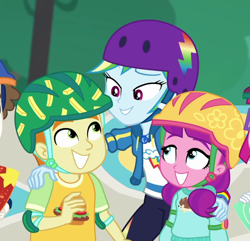 Size: 928x896 | Tagged: safe, derpibooru import, screencap, gallop j. fry, lily longsocks, little red, rainbow dash, super funk, better together, equestria girls, sic skateboard, background human, children, cropped, cute, dashabetes, female, geode of super speed, helmet, magical geodes, male, offscreen character, out of context