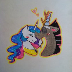 Size: 1936x1936 | Tagged: safe, artist:theauroralife, discord, princess celestia, alicorn, pony, blushing, dislestia, eyes closed, female, forehead kiss, heart, male, shipping, simple background, straight, traditional art