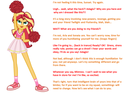 Size: 960x720 | Tagged: safe, artist:mixiepie, edit, editor:godofwar99, sunset shimmer, equestria girls, belly button, cheerleader, clothes, converse, female, humiliation, hypnohub, implied adagio dazzle, manip, midriff, mind control, open mouth, pleated skirt, pom pom, red, shoes, skirt, sneakers, socks, text