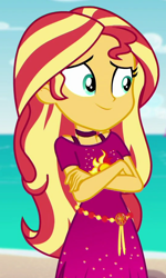 Size: 548x915 | Tagged: safe, screencap, sunset shimmer, better together, equestria girls, spring breakdown, clothes, cropped, crossed arms, dress, female, geode of empathy, magical geodes, smiling, solo