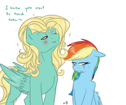 Size: 3000x2500 | Tagged: safe, artist:lrusu, derpibooru import, rainbow dash, zephyr breeze, pegasus, pony, blushing, dialogue, female, lidded eyes, loose hair, male, shipping, simple background, straight, stupid sexy zephyr breeze, tilde, tsunderainbow, tsundere, white background, zephdash