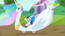 Size: 1280x720 | Tagged: safe, edit, edited screencap, screencap, princess celestia, rarity, alicorn, pony, unicorn, the cart before the ponies, cart, discovery family logo, swanlestia, swanlestia cart, wat, what has science done