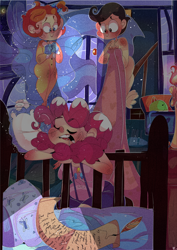 Size: 2270x3200 | Tagged: safe, artist:mili-kat, pinkie pie, pound cake, pumpkin cake, human, drool, humanized, magic, night, sleeping