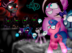 Size: 3920x2880 | Tagged: safe, artist:paulpeopless, derpibooru import, king sombra, oc, oc:ashee, oc:blue sparks, oc:optica, oc:paulpeoples, oc:raida, oc:rosey ring, ghost pony, original species, pony, shark pony, unicorn, zombie pony, alternate timeline, creepy crawlers, creepy smile, crystal war timeline, epic, fangs, fog, glasses, helmet, mind control, necromancer, necromancy, shark teeth, sombra soldier, wallpaper