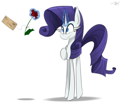 Size: 3428x2925 | Tagged: safe, artist:ratann, rarity, pony, unicorn, flower, letter, magic, rose, simple background, solo, telekinesis, white background