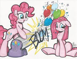 Size: 1024x791 | Tagged: safe, artist:ponygoddess, pinkie pie, earth pony, pony, duality, party cannon, pinkamena diane pie, traditional art, underhoof