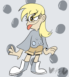 Size: 713x800 | Tagged: safe, artist:mirabuncupcakes15, derpy hooves, human, boots, clothes, female, humanized, shirt, shoes, shorts, solo, tongue out