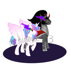 Size: 1024x1057 | Tagged: safe, artist:snickerdoodledandy, derpibooru import, king sombra, princess flurry heart, pony, unicorn, bad end, betrayal, dark magic, evil flurry heart, flurrybra, magic, older, simple background, sombra eyes, spread wings, watermark