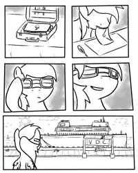 Size: 500x625 | Tagged: safe, derpibooru import, rainbow dash, pegasus, pony, boat, comic, cruise, letter, monochrome, suitcase, vocational death cruise