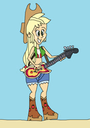 Size: 955x1357 | Tagged: safe, artist:hunterxcolleen, applejack, equestria girls, bass guitar, beach, bikini, bikini top, boots, clothes, humanized, musical instrument, shorts, swimsuit