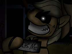 Size: 2048x1536 | Tagged: safe, artist:prismaticstars, applejack, earth pony, pony, applefreddy, crazy face, crazy smile, creepy, faic, five nights at aj's, five nights at freddy's, sharp teeth, sign, signs, solo