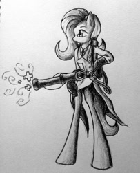 Size: 806x992 | Tagged: safe, artist:adetuddymax, fluttershy, anthro, crossover, fluttermedic, medic, monochrome, parody, solo, team fortress 2, traditional art