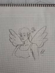 Size: 774x1032 | Tagged: safe, artist:tuc-kaan, derpy hooves, human, clothes, fanart, graph paper, happy, humanized, solo, tanktop, traditional art, wings