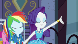 Size: 1920x1080 | Tagged: safe, derpibooru import, screencap, rainbow dash, rarity, better together, equestria girls, street chic, eyes closed, eyeshadow, geode of shielding, geode of super speed, huggable, magical geodes, makeup, smiling, window