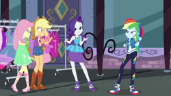 Size: 1920x1080 | Tagged: safe, derpibooru import, screencap, applejack, fluttershy, rainbow dash, rarity, better together, equestria girls, street chic, bare shoulders, converse, geode of fauna, geode of shielding, geode of super speed, geode of super strength, magical geodes, shoes, sleeveless, sneakers, strapless