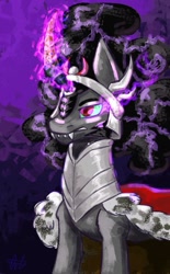 Size: 705x1134 | Tagged: safe, artist:ogaraorcynder, derpibooru import, king sombra, pony, unicorn, armor, dark magic, magic, solo, sombra eyes