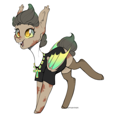 Size: 1431x1387 | Tagged: safe, artist:captainpuff, oc, oc only, oc:vereena, bat pony, bat pony oc, burns, clothes, happy, heterochromia, open mouth, stockings, thigh highs