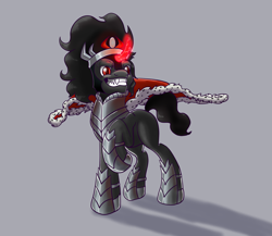 Size: 1024x890 | Tagged: safe, artist:witchtaunter, derpibooru import, king sombra, pony, armor, cape, clothes, crown, grin, jewelry, pose, raised hoof, regalia, solo