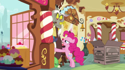 Size: 1280x720 | Tagged: safe, screencap, discord, pinkie pie, draconequus, earth pony, pony, make new friends but keep discord, box, candy, candy cane, cardboard box, cupcake, female, food, male, mare, out of context, sugarcube corner