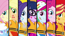 Size: 1920x1080 | Tagged: safe, screencap, applejack, fluttershy, pinkie pie, rainbow dash, rarity, sci-twi, sunset shimmer, twilight sparkle, sheep, better together, equestria girls, spring breakdown, black background, black bars, cap, clothes, cutie mark, cutie mark on equestria girl, glasses, hat, humane five, humane seven, humane six, lifejacket, sci twi is watching you, simple background, smiling, wallpaper