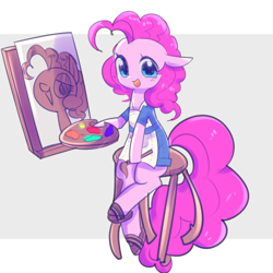 Size: 1024x1024 | Tagged: safe, artist:kkuyo, pinkie pie, earth pony, pony, 30 minute art challenge, canvas, clothes, cute, diapinkes, female, floppy ears, mare, open mouth, painting, palette, sitting, solo