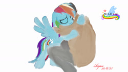 Size: 1280x720 | Tagged: safe, derpibooru import, rainbow dash, human, pegasus, pony, fanfic:my little dashie, clothes, eyes closed, female, hug, mare, multicolored mane, multicolored tail, painting, signature, simple background, white background, wings