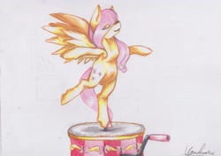 Size: 936x660 | Tagged: safe, artist:ugahari, fluttershy, pegasus, pony, ballet, balletshy, bipedal, dancing, eyes closed, music box, solo, traditional art, wind up key