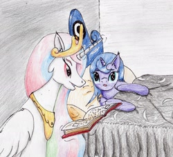 Size: 2234x2035 | Tagged: safe, artist:40kponyguy, derpibooru exclusive, princess celestia, princess luna, alicorn, pony, bed, cute, filly, reading, traditional art, woona, younger