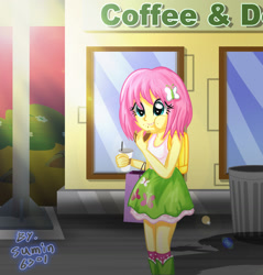 Size: 1500x1572 | Tagged: safe, artist:sumin6301, fluttershy, equestria girls, alternate hairstyle, backpack, clothes, coffee, donut, eating, food, short hair, skirt, solo, tanktop