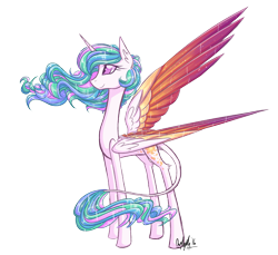 Size: 1793x1643 | Tagged: safe, artist:australian-senior, princess celestia, alicorn, pony, alternate universe, colored wings, colored wingtips, doodle, female, kirindos, leonine tail, mare, redesign, simple background, solo, transparent background