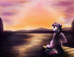 Size: 3351x2588 | Tagged: safe, artist:otakuap, derpibooru import, twilight sparkle, twilight sparkle (alicorn), alicorn, pony, female, mare, scenery, solo, sunrise, sunset