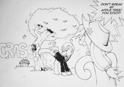 Size: 2055x1446 | Tagged: safe, artist:php104, applejack, earth pony, pony, angry, applebucking, crossover, lineart, monochrome, one piece, ponified, vinsmoke sanji