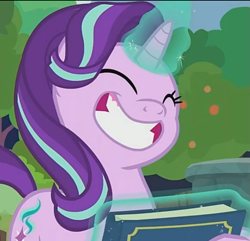 Size: 769x742 | Tagged: safe, edit, edited screencap, screencap, starlight glimmer, unicorn, memnagerie, spoiler:memnagerie, spoiler:mlp friendship is forever, big smile, book, cropped, gums, solo